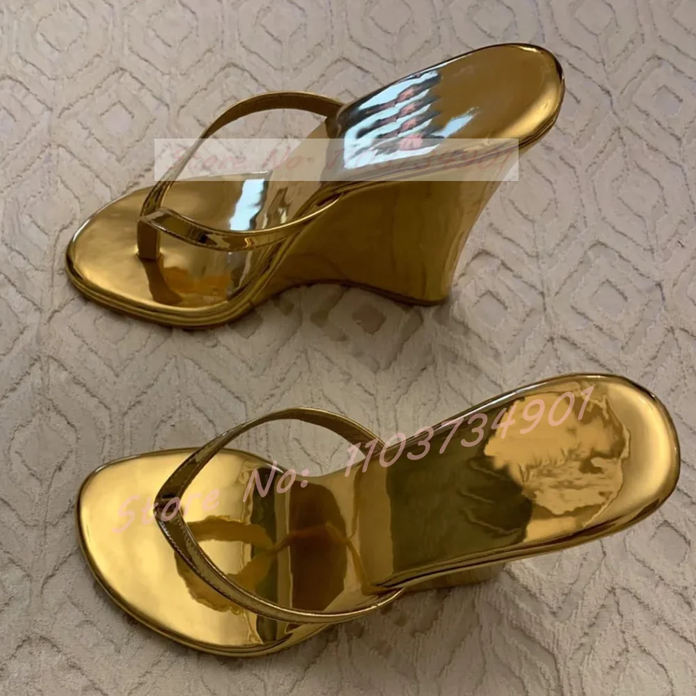 

Flip Flops Wedges Heel Slippers Female Casual Gold Patent Leather Outdoor High Heels Shoes Women Big Size Party Evening Mules