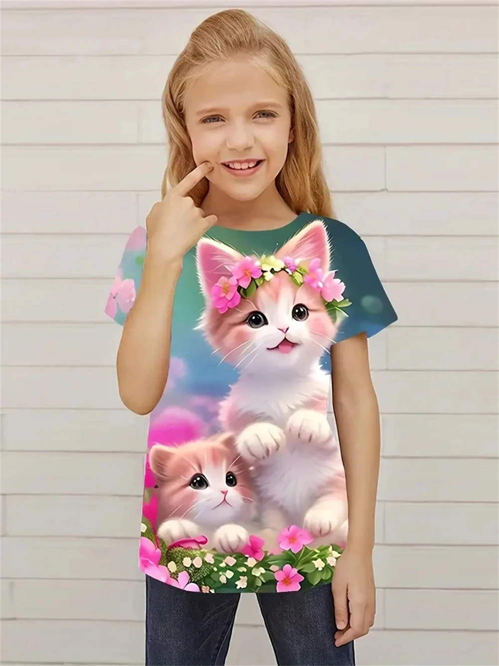 Nieuw Meisje Tuin Katten 3d Print Korte Mouw T-Shirt Trendy Nieuwigheid T-Shirts Voor Kinderen Feest Leuk Dagelijks T-Shirt Meisjes Tops Kleding