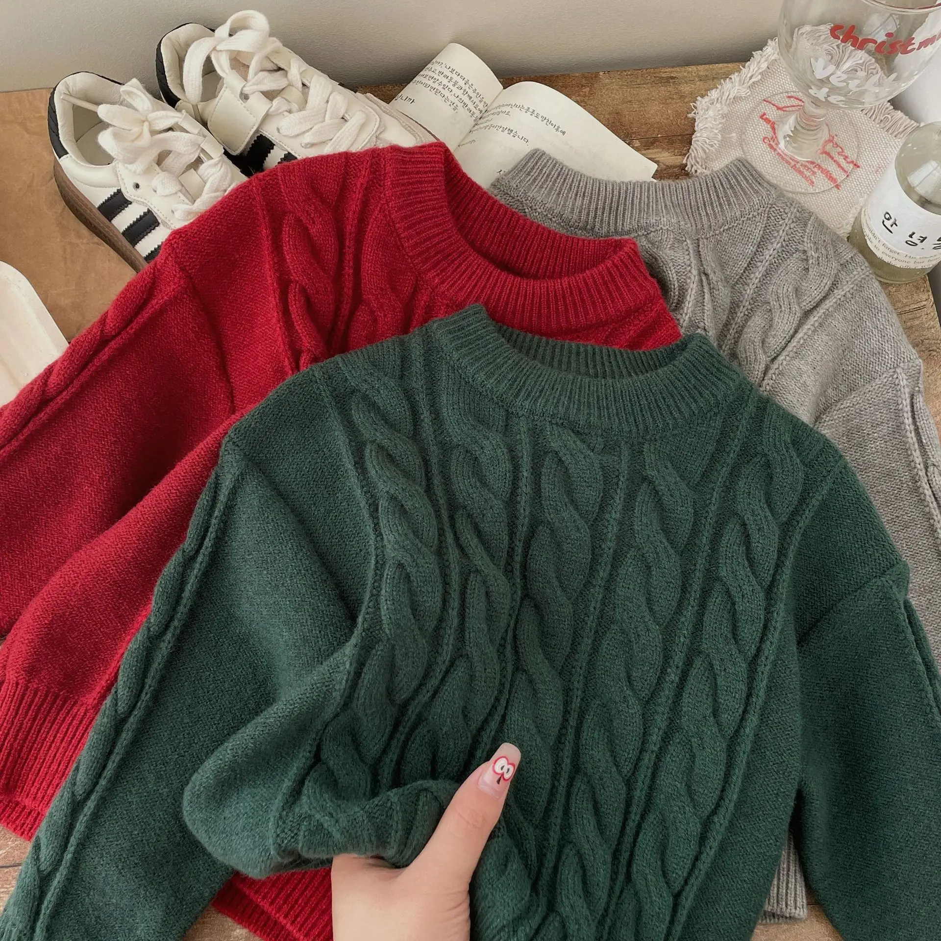 

2025 Autumn & Winter Kids Sweater, Thick Pullover with Big Cable Knit, Vintage Lazy Style, Cozy Knitwear for Boys & Girls