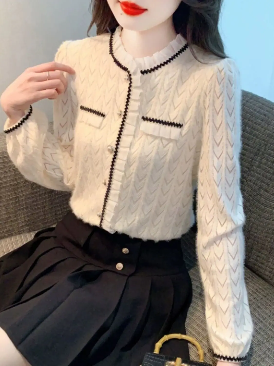 Small Fragrant Lotus Leaf Collar Long-sleeved Lace Shirt Women Fashionable Age-reducing Shirt Versatile Small Temperament Top