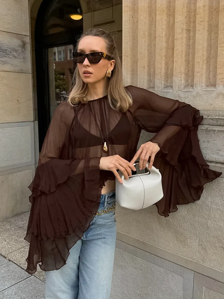 

BKLD 2026 New Sexy Women Clothing See Through Chiffon Tops Fashion Ruffles Patchwork Flare Sleeve Tops Beach Party Clubwear