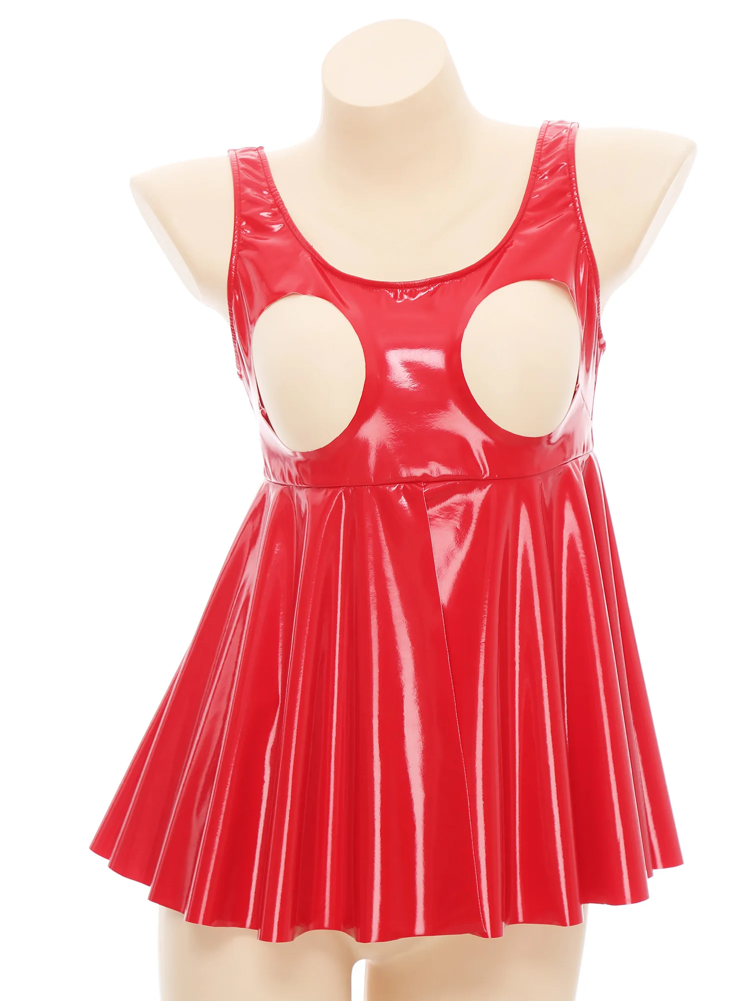 Womens Patent Leather Cut Out Lingerie Top Sleeveless Backless Hollow Out Front Split Ruffled Mini Lingerie Dress Clubwear