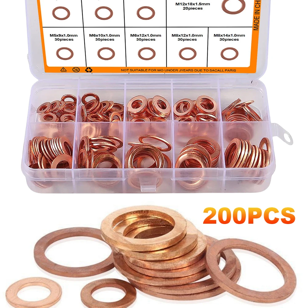 200Pcs Solid Pure Copper Washers M5 M6 M8 M10 M12 M14 Sump Plugs Oil Seal O Ring Spacers Flat Ring Seal Assortment Kit with Box