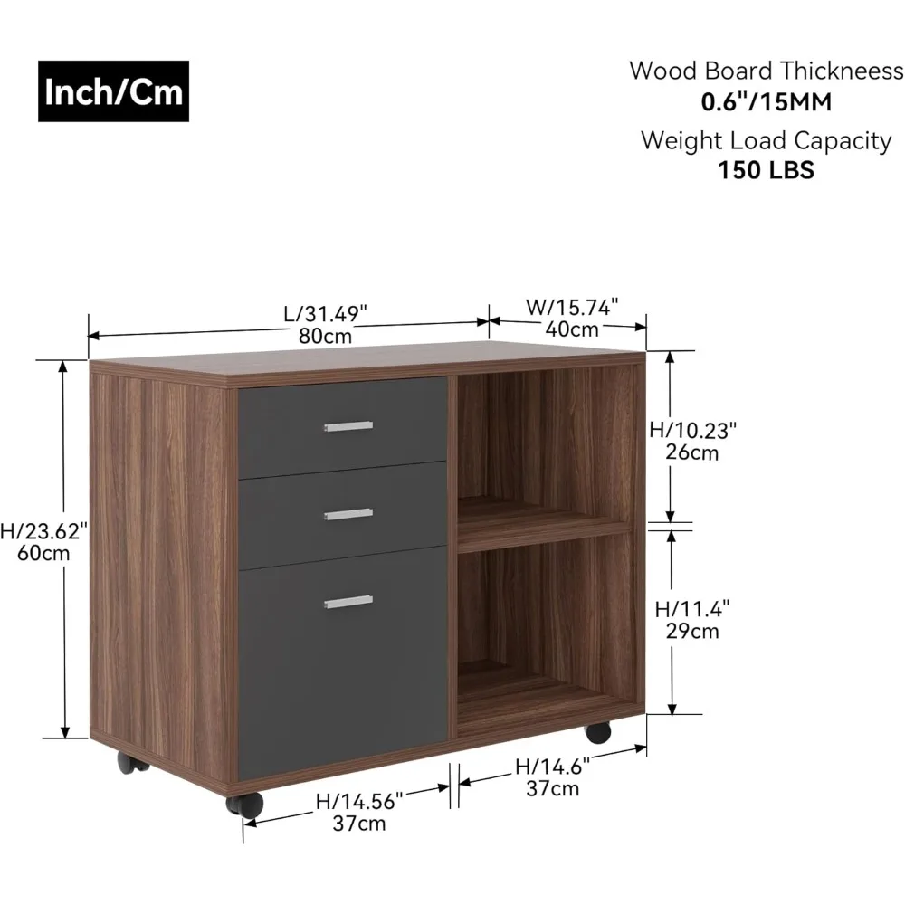 خزانة ملفات جانبية متنقلة ذات 3 أدراج مع حامل طابعة للمكتب المنزلي - لمسة نهائية من خشب الجوز والرمادي الداكن #3
