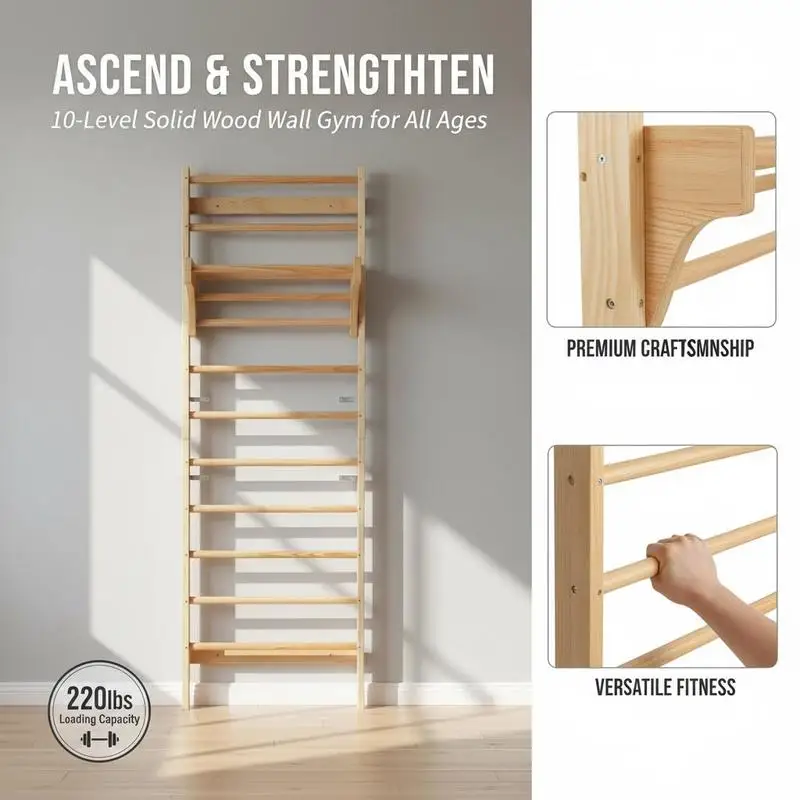 Schwedische Leiterwand, 10-stufiges Indoor-Klettergerüst aus Massivholz, 100 kg Tragkraft, Indoor-Spielplatz-Kletterleiter mit Klimmzugstange – Ideales Geschenk für Kinder