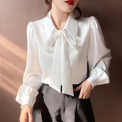 Bow Chiffon Blouse Spring Autumn New Long Sleeve Solid Color All-match White Shirt Tops Elegant Fashion Sweet Women Clothing