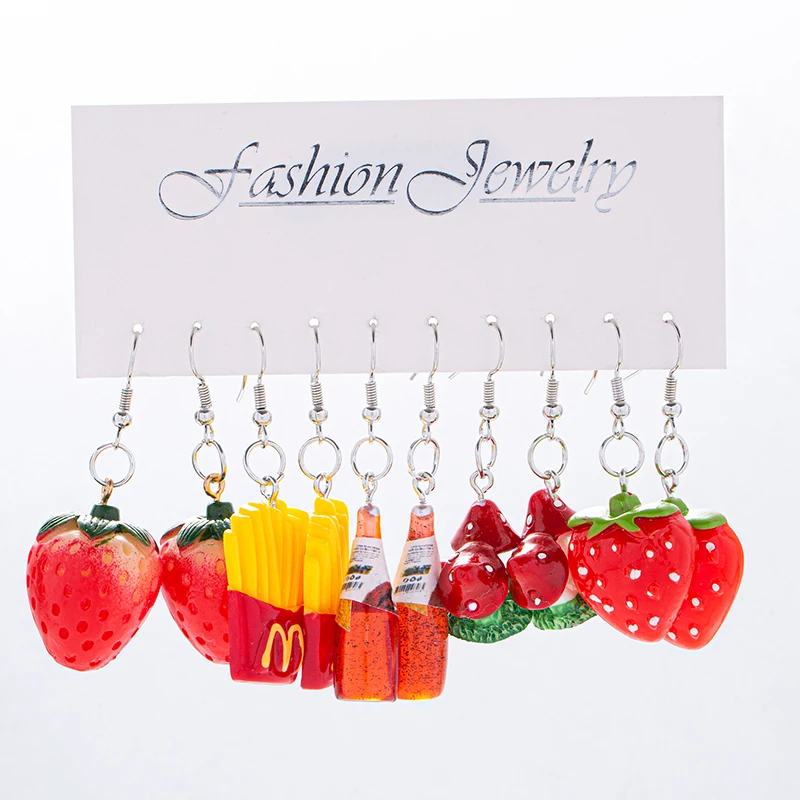 Fruit Dangle Drop Earring Set para mulheres, morango, cogumelo, menina, 5 pares