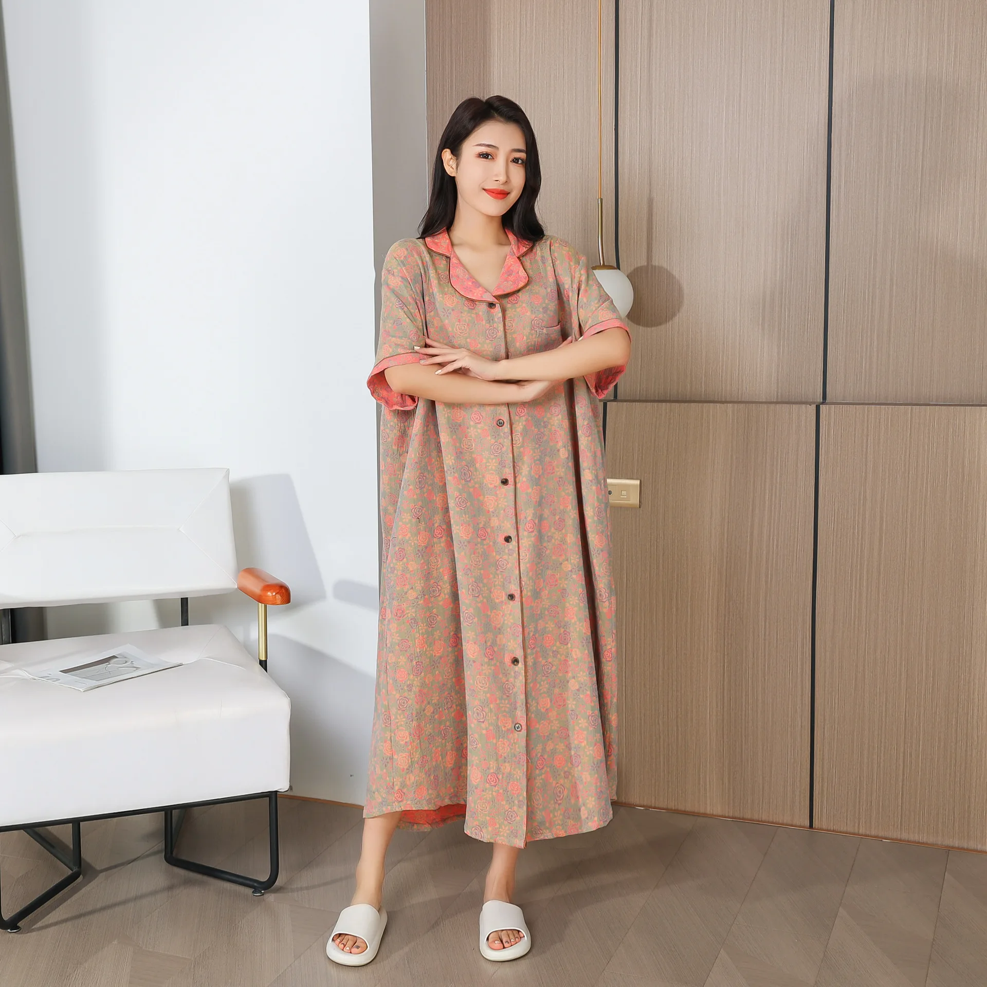 

Pure Cotton Long Nightdress Cardigan Shirt Nightgown Oversized Sleepwear Fashion Sleeping Loose 120Kg Pregnant Woman Home Dress