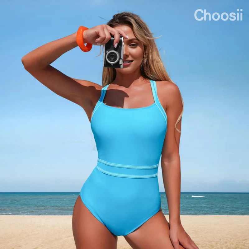 Фото Женский слитный купальник с цветовыми блоками, перекрестными лямками, регулируемыми бретелями, пляжная одежда, с эффектом утяжки живота