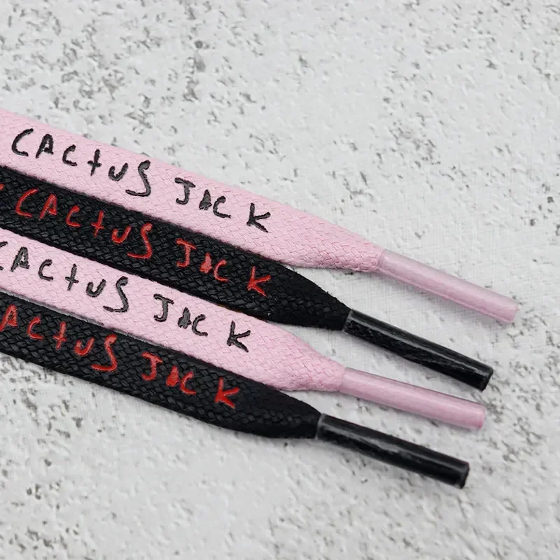 Trendy Brand Adorable Black Pink Shoe Laces 8mm Flat Printing Cactus Jack Wax Cotton Shoelaces for Canvas Shoes Leisure Sneakers