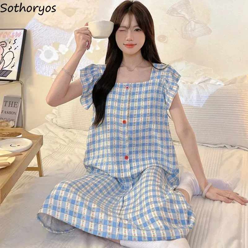 

Plaid Nightgowns Women Baggy Sweet Soft Padded Short Sleeve Sleepwear Breathable Ulzzang All-match Students Dormitory Loungewear