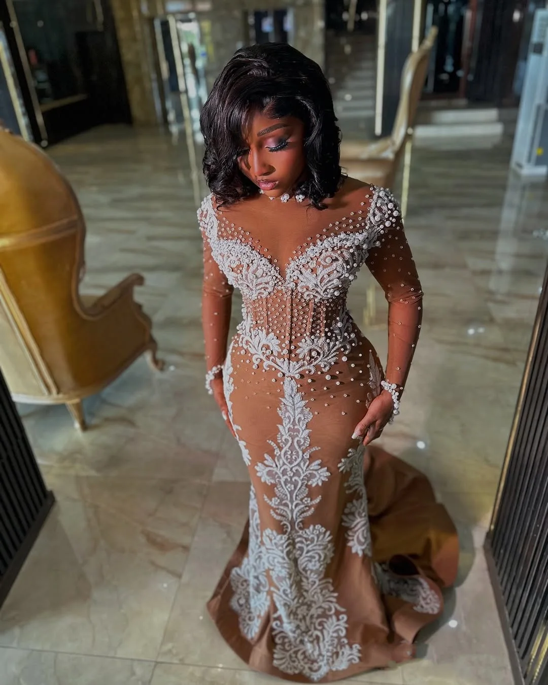 Luxury Mermaid Party Dress Aso Ebi Long Prom Dresses Applique Illusions Sheer Full Sleeves Evening Gowns with Beaded  Pearls