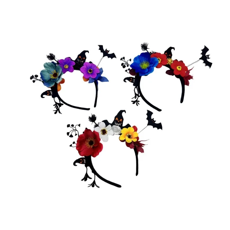 Bandeau Floral mexicain pour femmes, couronne de fleurs du jour des morts, accessoires de couvre-chef de chauve-souris pour Costume d'halloween