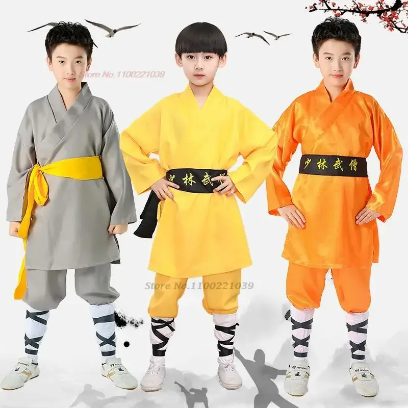 

2025 chinese vintage children wushu monk shaolin kungfu uniform training performance suit martial arts wing chun tai chi uniform