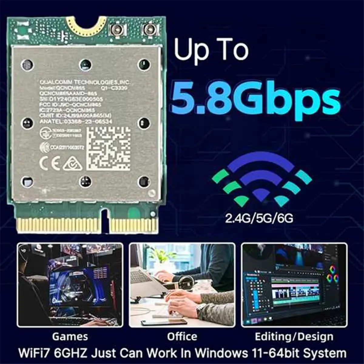ثلاثي الموجات WiFi7 QCNCM865 بطاقة WiFi لاسلكية بلوتوث 5.4 2.4G/5G/6Ghz محول شبكة لاسلكي لهوائي Win11