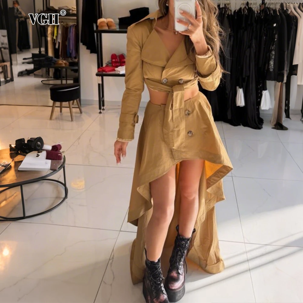 

VGH нерегулярный комплект из двух предметов для женщин, с лацканами и длинными рукавами, короткая ветровка, юбка со средней талией, женская мода