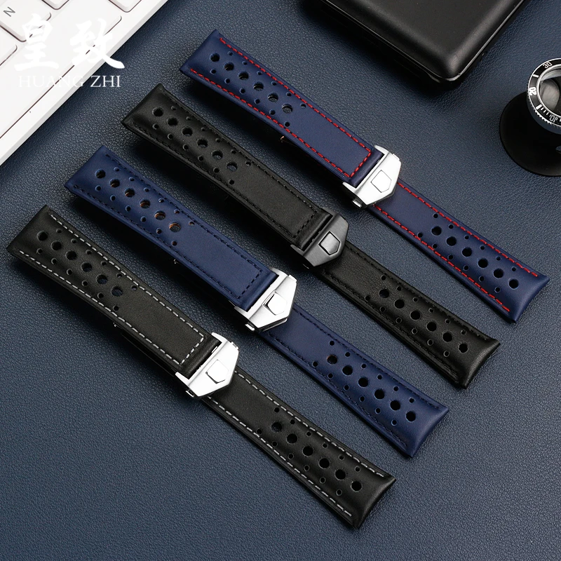 22mm Breathable Genuine Leather Watchband For TAG HEUER MONACO CARRERA CBL2115 Men\'s Leather Watch Strap Folding Buckle Bracelet