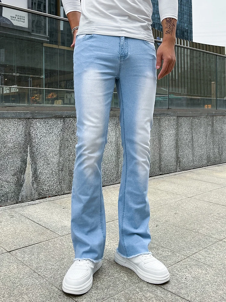 Men's Slim Stretch Cotton Jeans Solid Color Casual Sports High Quality Clothing Washed Jeans S-2XL Pants Hem Catwhiskers Jeans