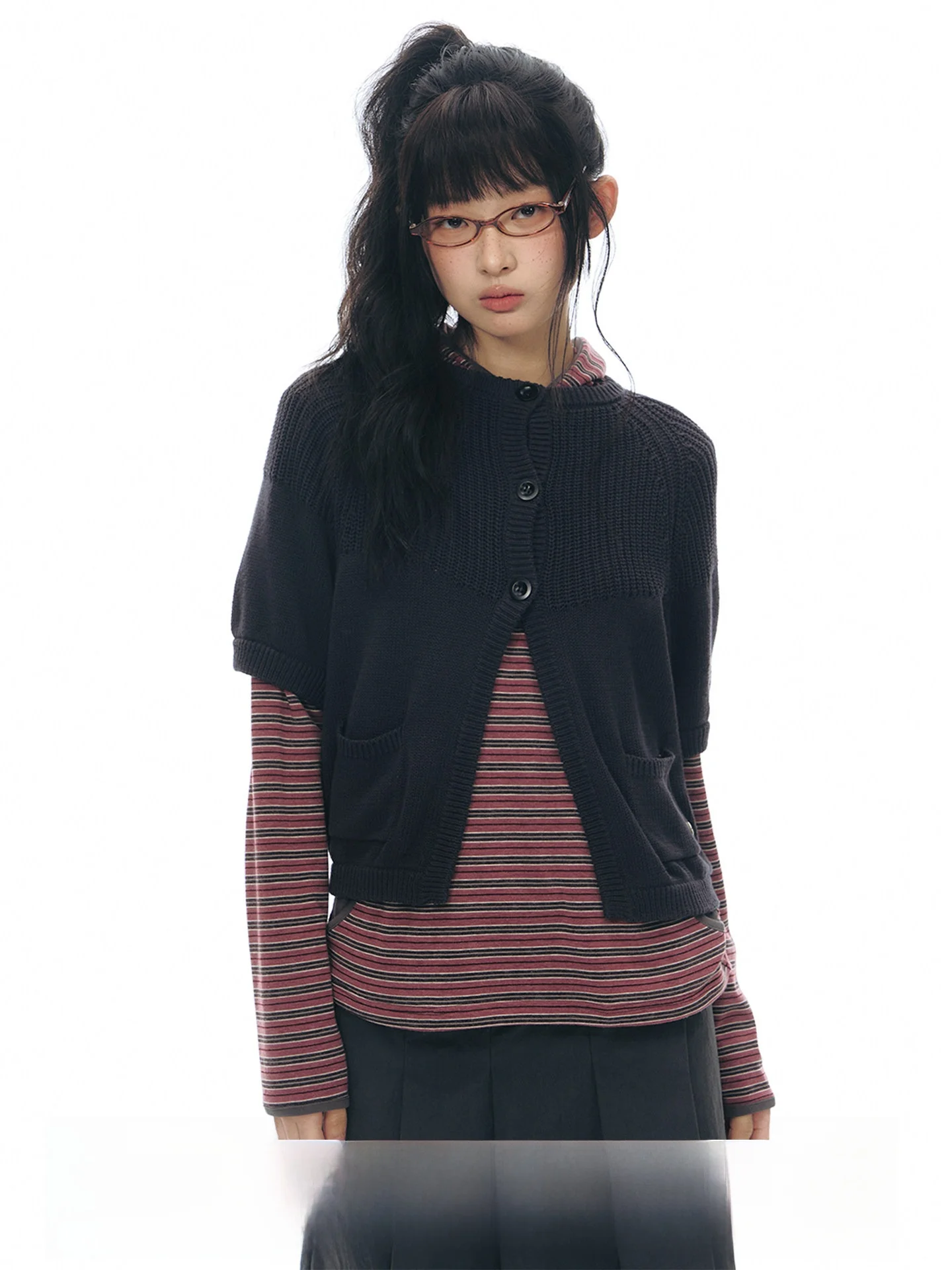 

NAPSNAPS Vintage Knitted Open Cardigan Women's Spring New Loose Fit round Ne Splicing Sweater Jaet Soft Cotton Five Sve