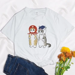 Cartoon Kawaii Cat Cute Print Goth Clothing Women T Shirt Aesthetics Graphic White Short Sleeve Modal Polyester Women's T Shirt