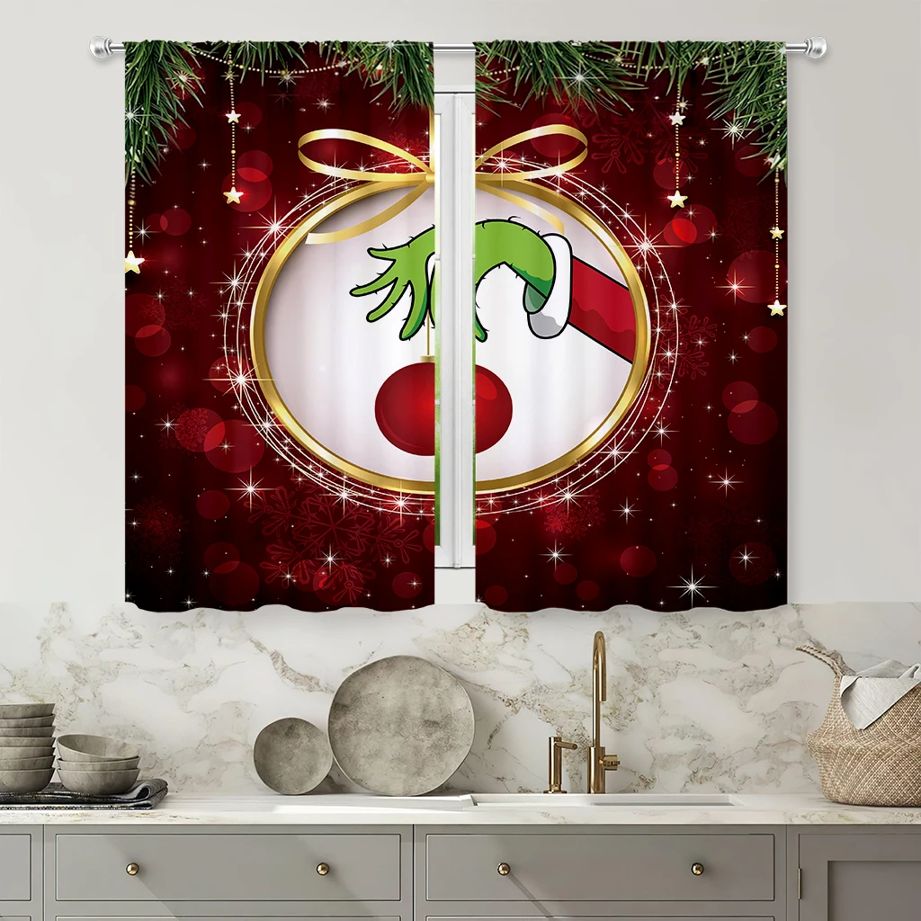 2pcs Curtains With Animated Christmas Cartoon Prints, 100% Polyester, Festive Christmas Decorative Curtains, Gift For Children.