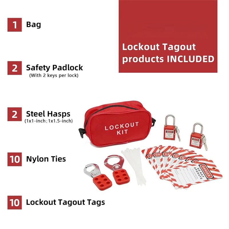 

-Набор Lockout Tagout -A25M - 2 стальных застежек Loto, 10 Lockout Tagout Tag, 10 нейлоновых стяжек, нейлоновых замков для хранения Lockout Tagout, Durab