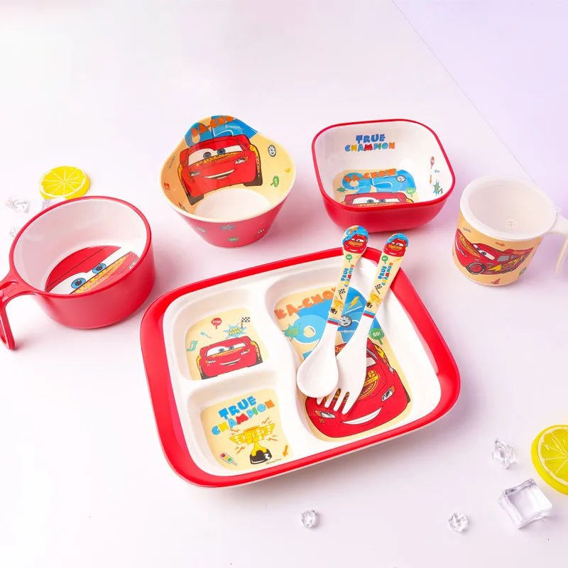 New Disney Lightning McQueen Princess Elsa anime peripheral cartoon cute bowl plate spoon fork anti-fall children's tableware