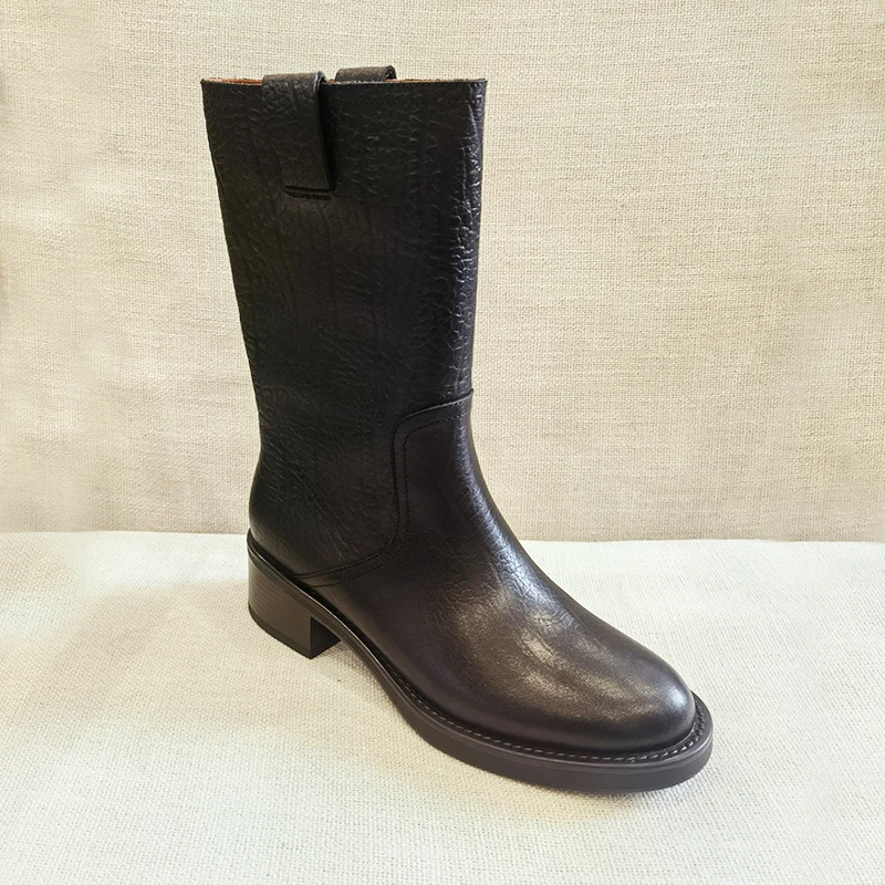 2026 scarpe invernali nuove da donna stivali a metà polpaccio in vera pelle punta tonda moda scarpe con tacco spesso stivali invernali con plateau neri retrò
