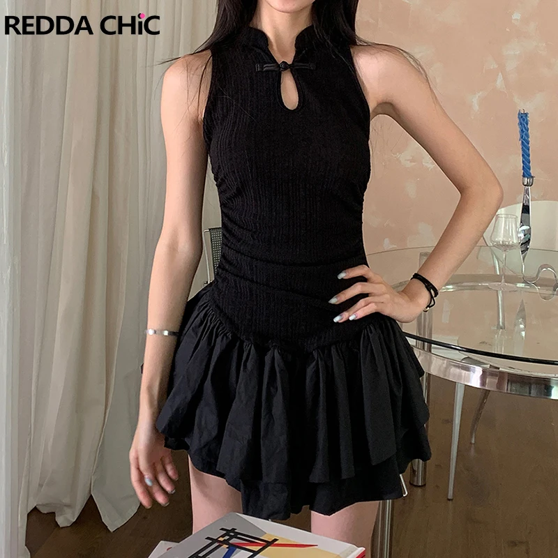 REDDACHiC Knit Splice Puffy Mini Tank Dress Women Solid Layered Ruffle Cut-out Stand Collar Neo-Chinese Cheongsam Retro Clothes