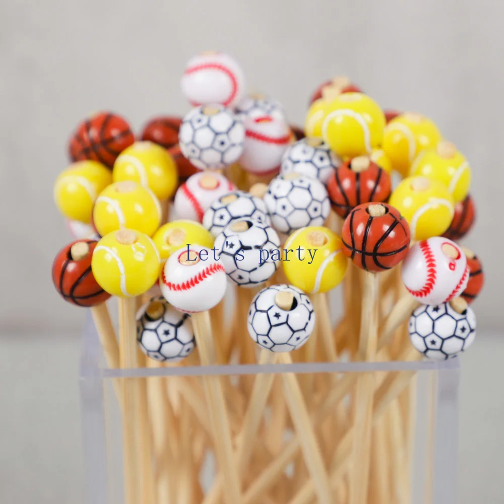 50Pcs Sports Football Theme Disposable Bamboo Skewers Food Picks Buffet Fruit Cocktail Fork Sticks for Kids Birthday Party Decor