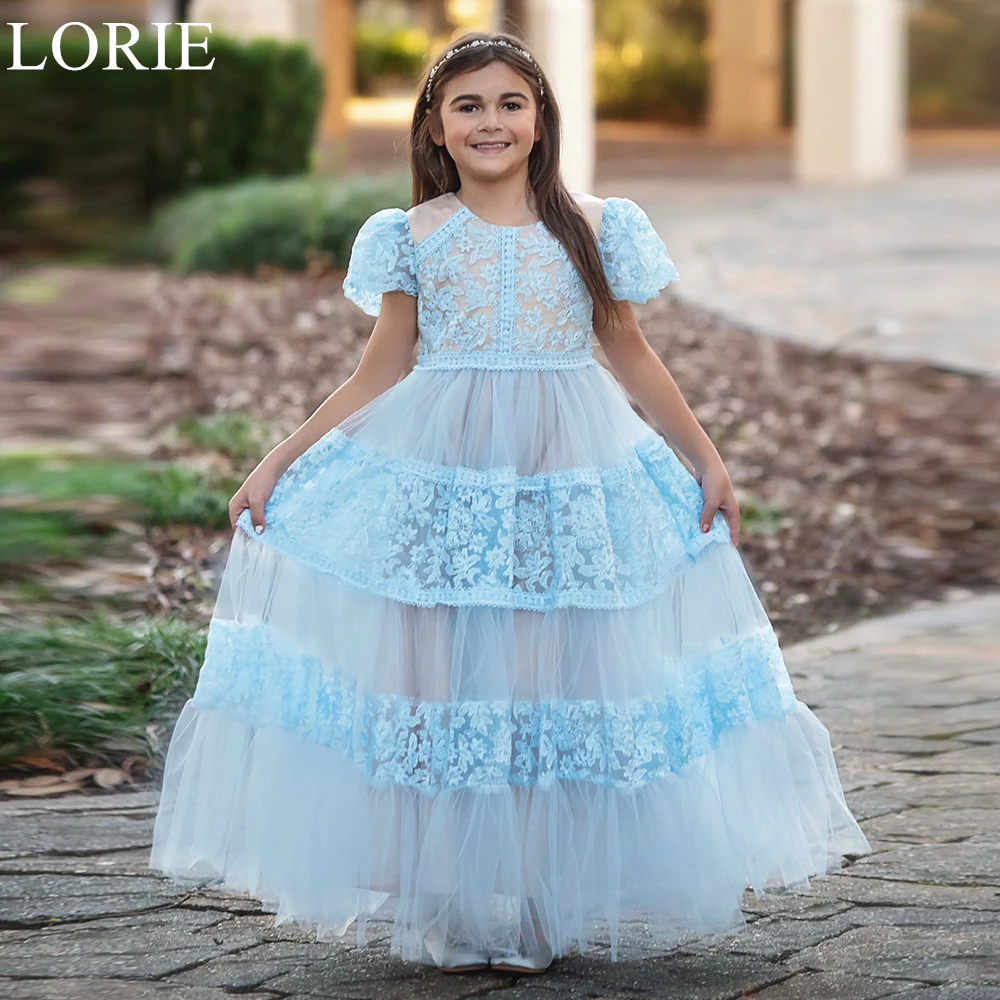 

LORIE Cute Sky Blue Tulle Flower Girl Dresses A-Line Pleated O-Neck Lace Puff Sleeves 2025 Fairy Birthday Party Dress Customized