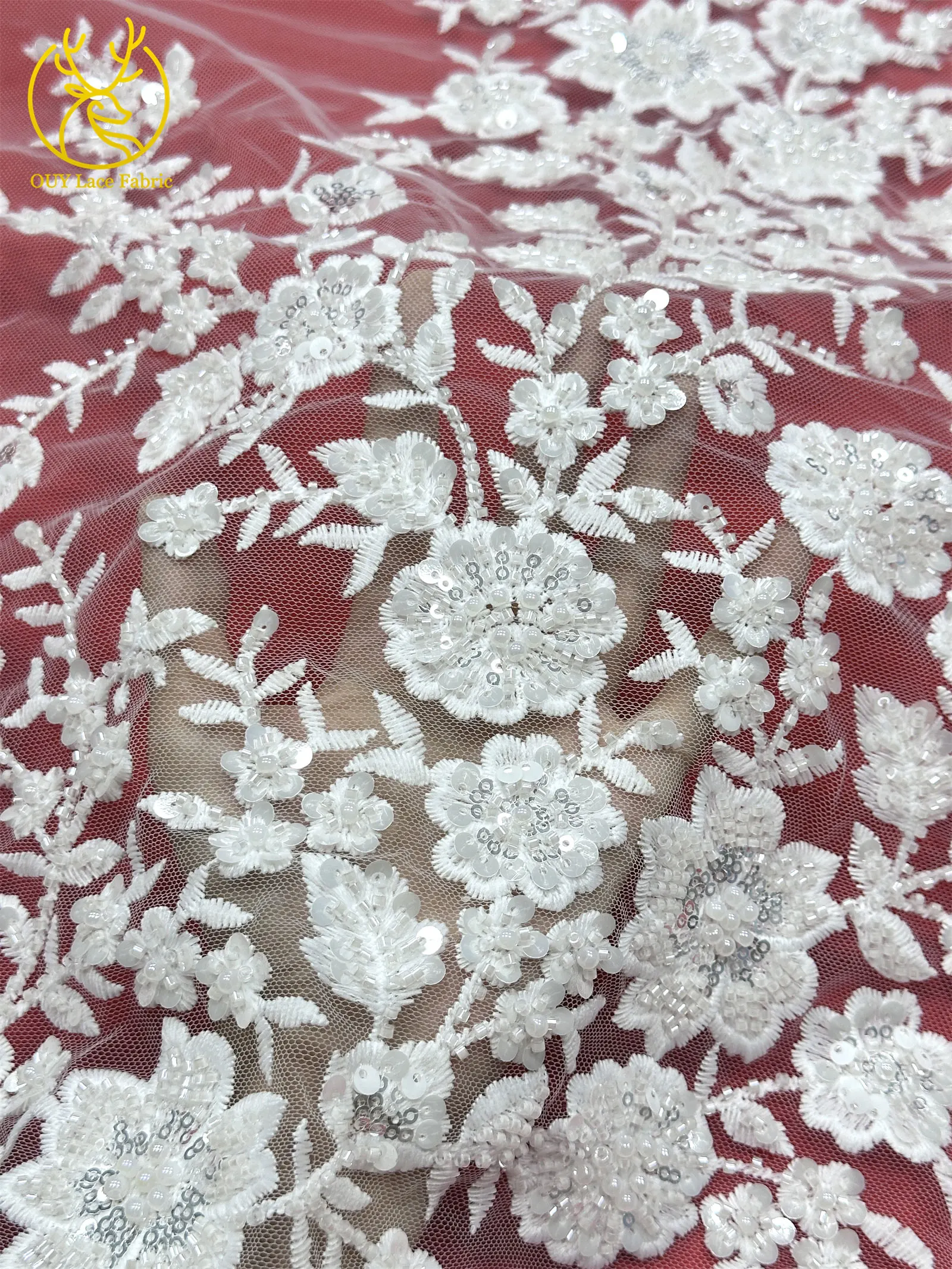 Neuer Stil Nigerianischer Bestickter Perlen-Spitzenstoff Hochwertige Afrikanische Pailletten-Spitze Brautkleid DIY Dekorationsstoff – Detail 13
