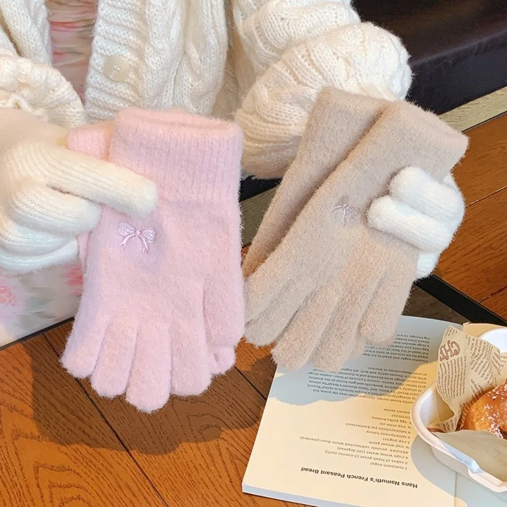 New Lovely Multicolor High Elasticity Gloves Thickened Windproof Winter Gloves Keep Warm Bow Soft Knitted Gloves Women Girls