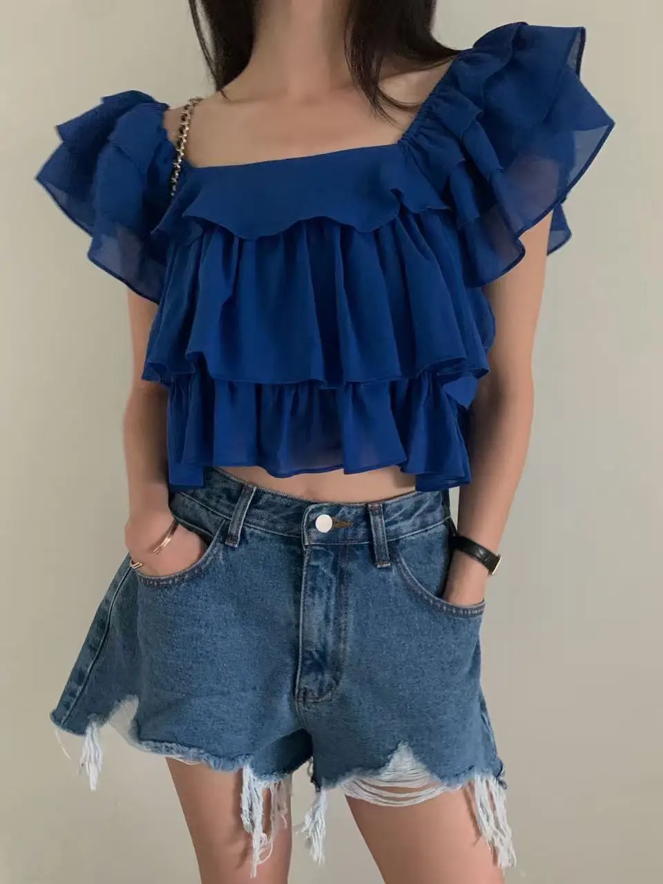 

Puff Sve ort irt Women's Collar Pleated Multi-Layer Flounce Loose Slimming Sweet oulder Bared Trendy Top Commute Sle