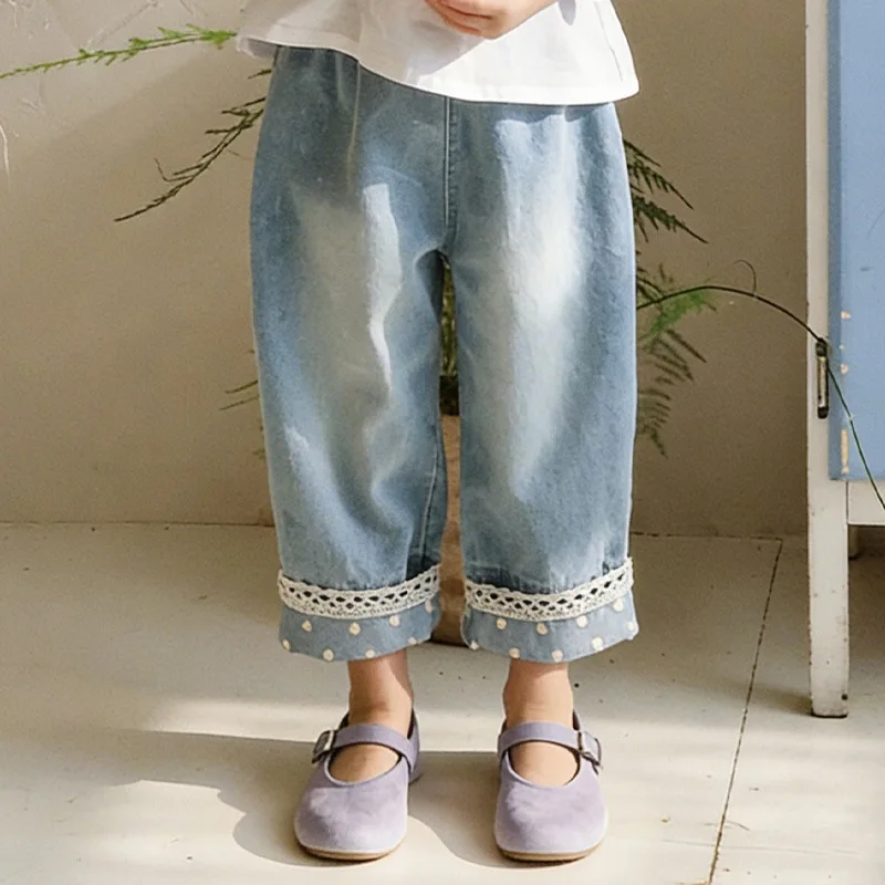 

Children Clothes Girls Casual Sweet Denim Pants Spring 2026 New Korean Style Girls Stylish Lace Loose Casual Wide-leg Jeans