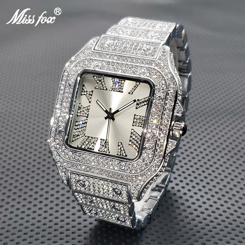 Top Brand Square Watch For Men Luxury Diamond Ice Out Quartz Wristwatch High Quality Stainless Steel Bracelet Clock Dropshipping