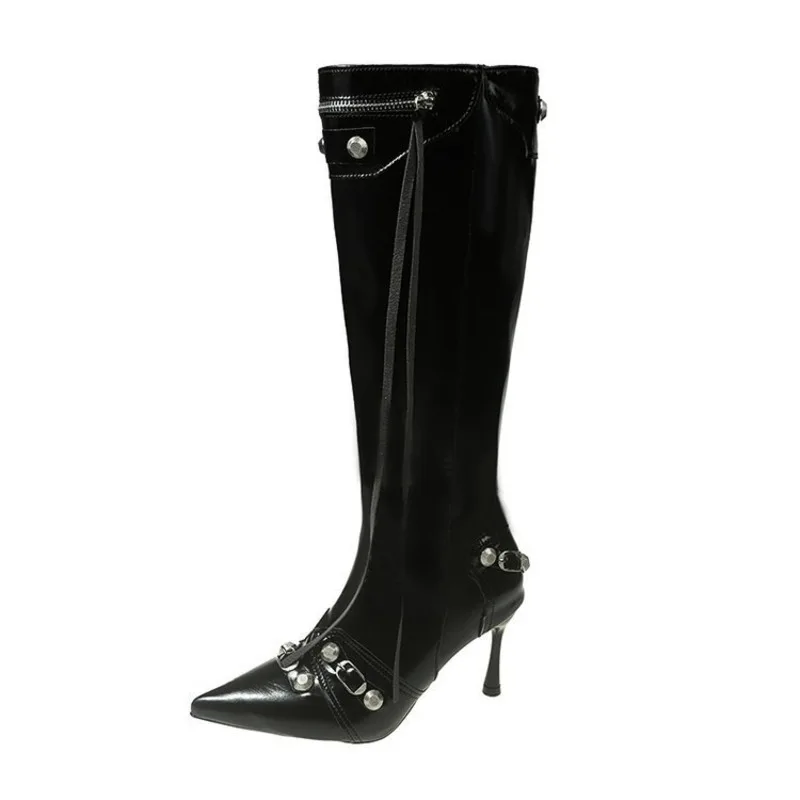 

Sharp Pointed Thin Heeled Long Boots Sexy Women's Rivet Motorcycle Boots Side Zipper Tassel High Tube Knee High Boots