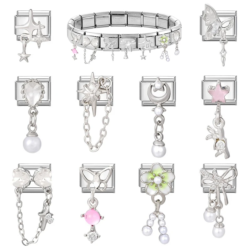 Colgante de circonio con forma de corazón, mariposa, Luna, estrella, lazo, perla, eslabones italianos aptos para pulsera de acero inoxidable de 9mm, regalos DIY