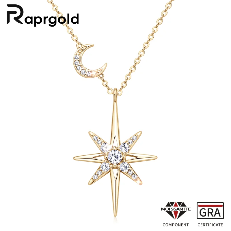 RAPRGOLD GRA Moissanite Diamond Star Moon Charm Necklaces for Women S925 Sterling Silver Chains Wedding Jewelry Gifts Collares