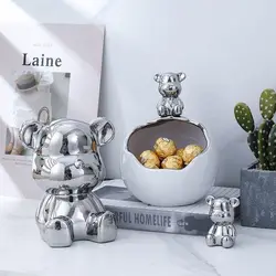 Cartoon Bear Tray Figurines Piggy Bank Home for Living Room Bedroom Key Storage Decor Ornament Candy Container Animal Statues