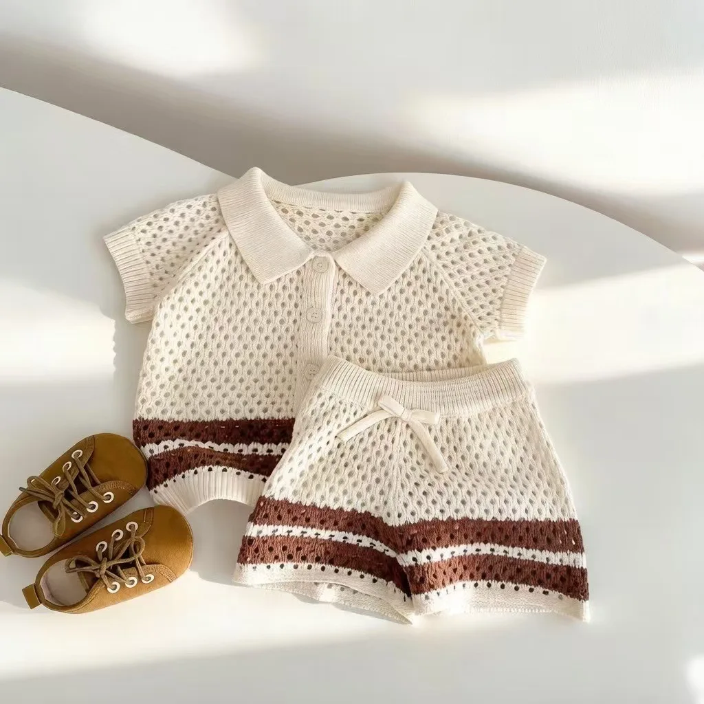 2026 Summer Baby Knit Hollow Out 2PCS Outfit Collared Top + Striped Shorts Set Infant Casual Summer Clothes for Newborn