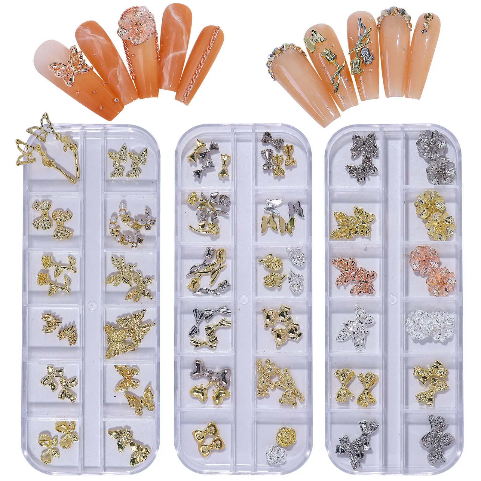 12 Grids Nail Art Mix Accessories for DIY Nails Butterfly Nail Art Decorations Mix and Match Alloy Boxed Accessories