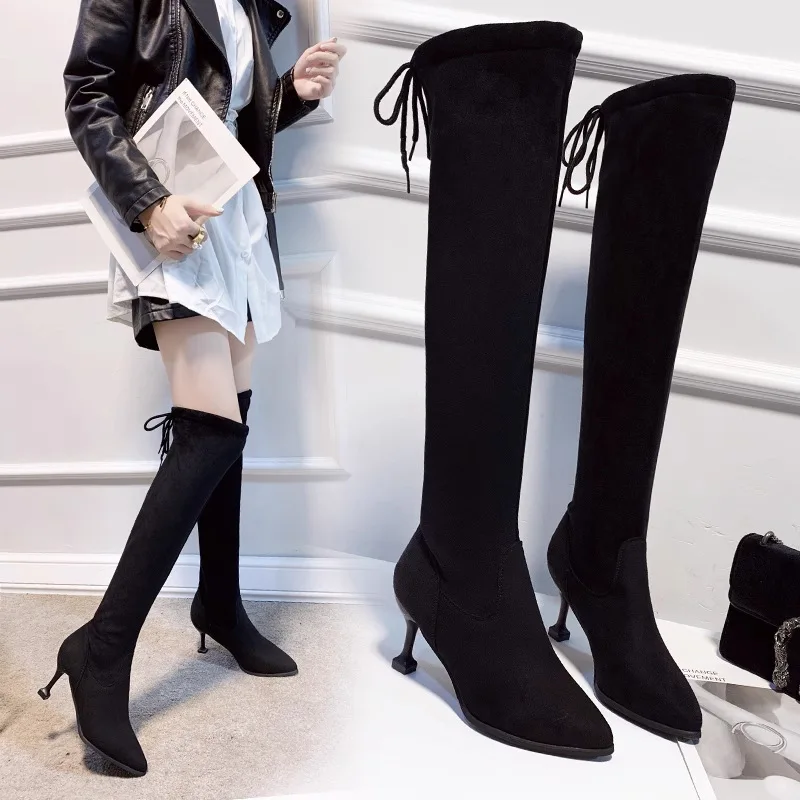 

New Spring Autumn Rubber Sole Comfortable Flat Heel Black Over-Knee High Heels Pointed Toe Slimming Leg Booties Women's Fashion