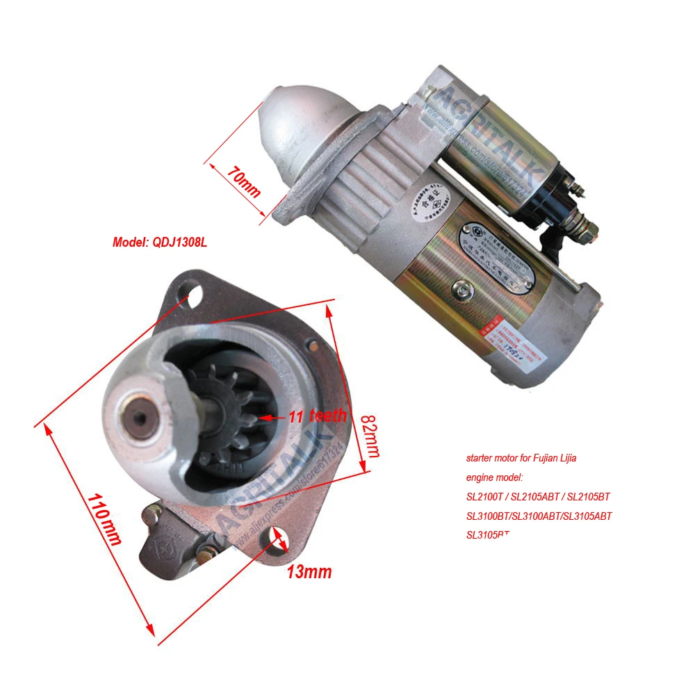 

Starter motor QDJ1308L / for Lijia / SL2105T / SL2105BT / SL2105ABT / SL2108ABT / SL2110ABT / SL3105BT / SL3105ABT / SL4105BT