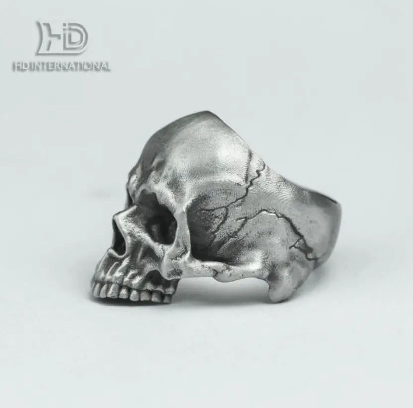 Battle-damaged skull Unique Heavy Sugar Skull Ring half jaw mens skull biker masonic Statement Brass 925 silver handmade custom