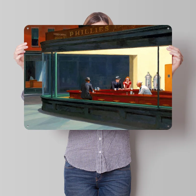 Nighthawks By Hopper Personalized 3D Textured Metal Poster Wall Art Vintage Tin Signs for Luxury Decoration Home Decor Items