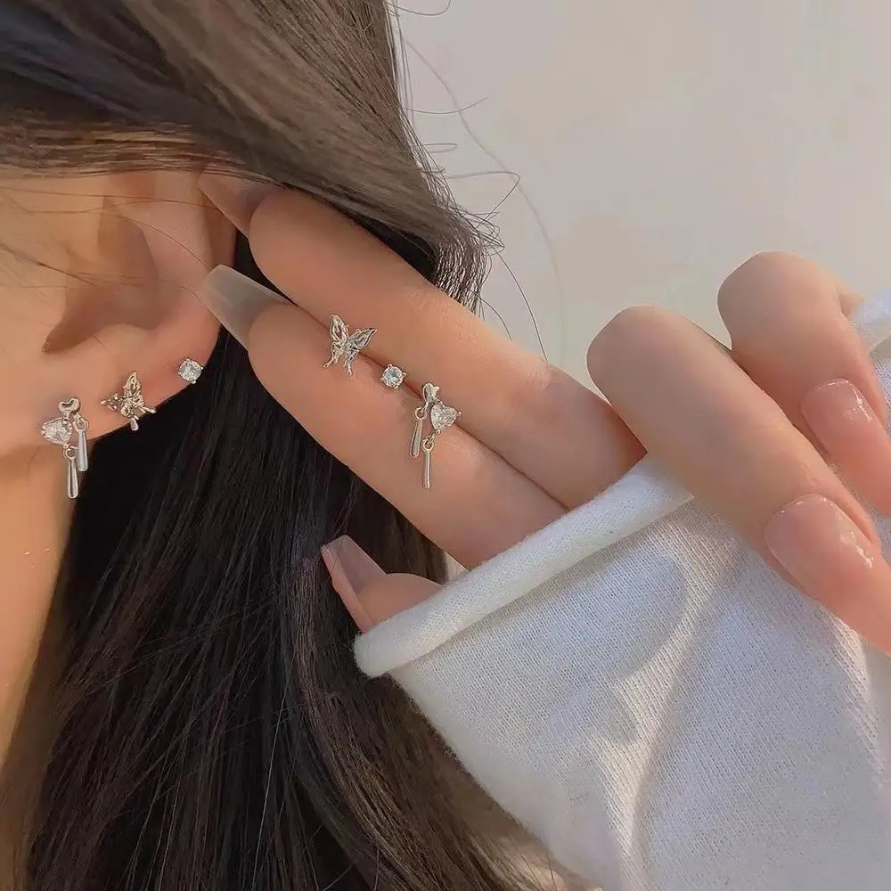 6Pcs/set Women Silver Color Rhinestone Butterfly Stud Earrings Y2K Korean Fashion Punk Earring Stud Jewelry Sets Gifts