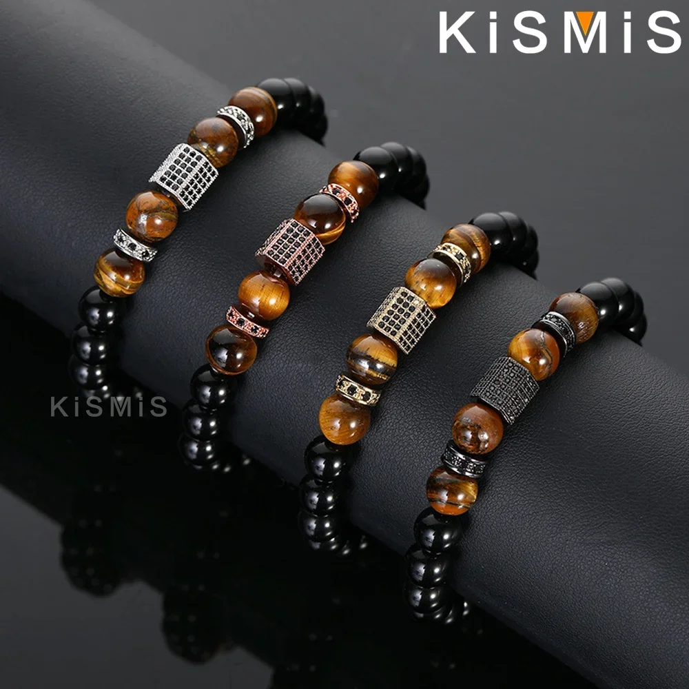 KISMIS 1PC Natural Stone Matte Onyx Stone & Tiger Eye Combination Stitching with Cubic Zircon Hand Jewelry Beads Bracelet