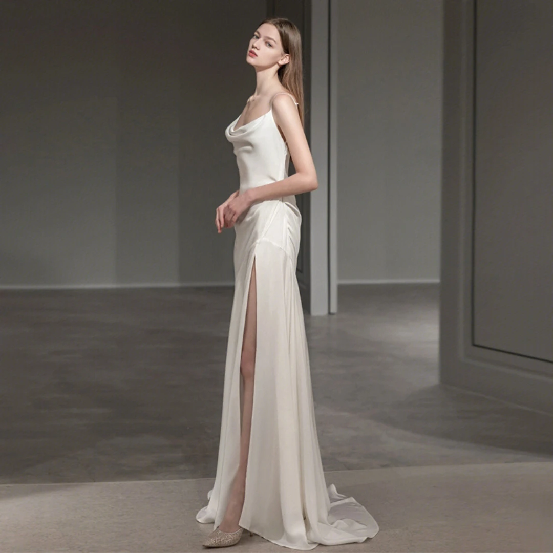 Sirene 2025 Eenvoudige zijsplit trouwjurken voor dames Vloerlengte A-lijn Boothals Mouwloos Ruglooze Bruidsjurk Op maat