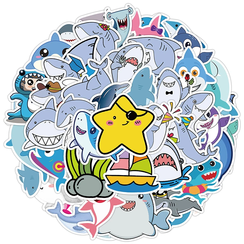 50Pcs Cute Cartoon Shark Stickers, Ocean Animal Aesthetic Graffiti Waterproof Vinyl Decals for Water Bottles Laptop Journal Gift